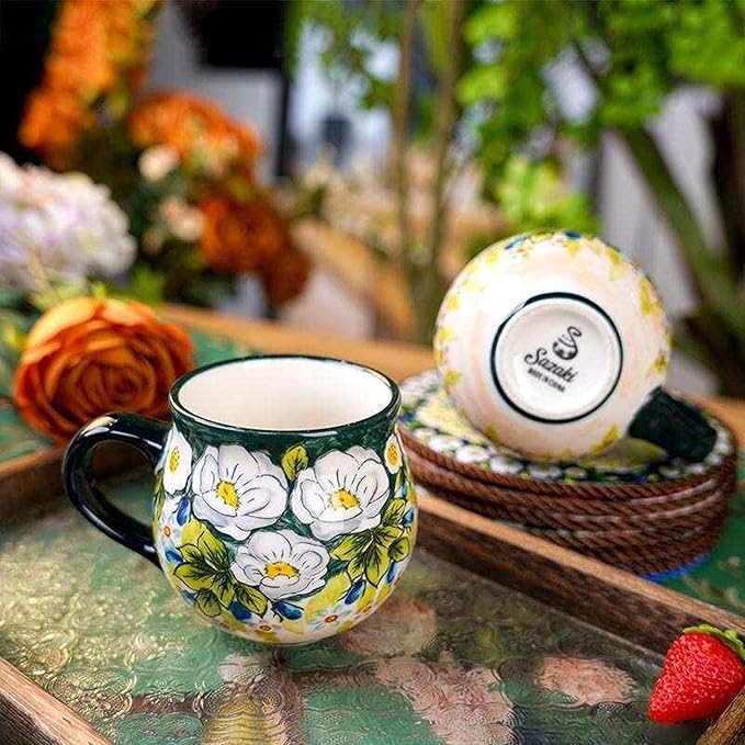 13oz Ceramic Coffee Mug, Hand-Painted Floral Polish Pottery Style Cup, Large Stoneware Tea Mug with Handle, Microwave & Dishwasher Safe (Green)