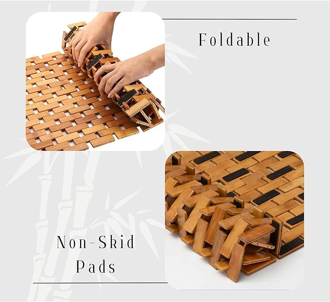 EVIDECO French Home Goods Square Natural Bamboo Bathroom Mat - Non Slip Bath Mat - Perfect for Shower, Spa, Sauna and Bathroom Decor - Foldable Duckboard, 18 x 18 inches, Light Brown