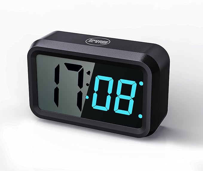 Battery Operated Clock with Hybrid 1.2'' LED / 1.8'' LCD Display, Cordless Small Digital Alarm Clock, for Bedroom Wall Desk Travel (Blue-Display)