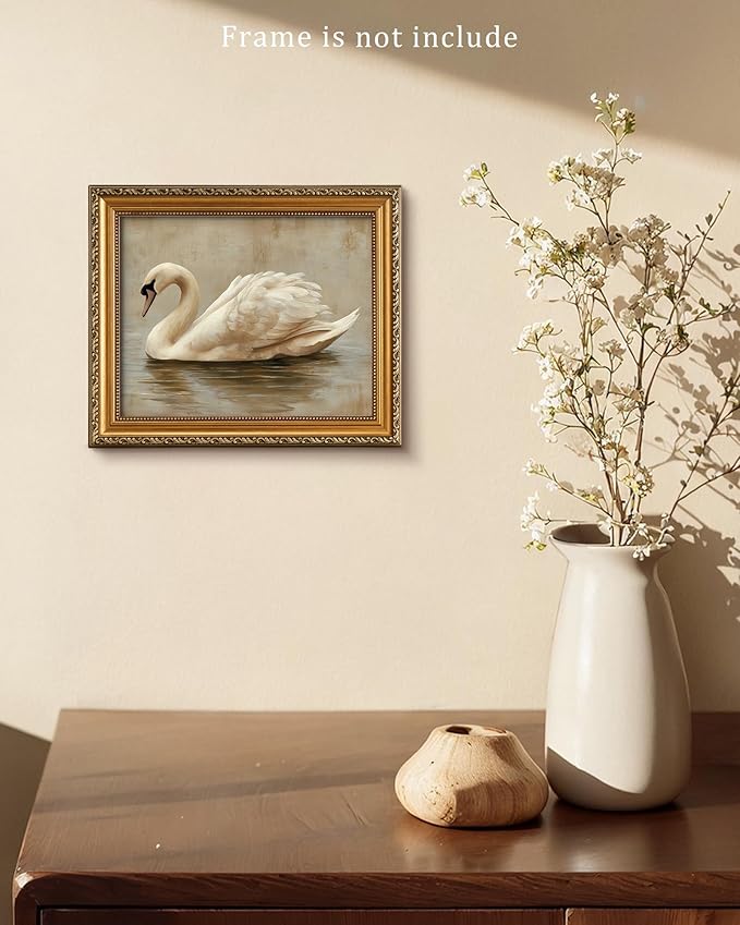 Vodefoad Vintage Swan Wall Art, Minimalist Elegant Swan Wall Decor, Neutral Animal Artwork Art Prints Room Decor, Cottagecore Autumn Classic Bird Art for Bedroom, Living Room, Bathroom, Lake House, 10x10 Inch