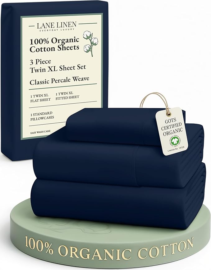 LANE LINEN 100% Organic Cotton Mercerized Twin XL Sheet Set, Reinforced Seams Machine Washable Extra Long Twin Bedding Set, Luxury Hotel Quality Cotton Sheets - Navy
