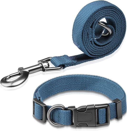 Peacock Blue Dog Collar and Leash Set for Small Dogs Soft and Breathable of 90% Rayon from Bamboo and 10% Polyester Comfortable Skin-Friendly, Adjustable Leash Set with Quick Release Buckle