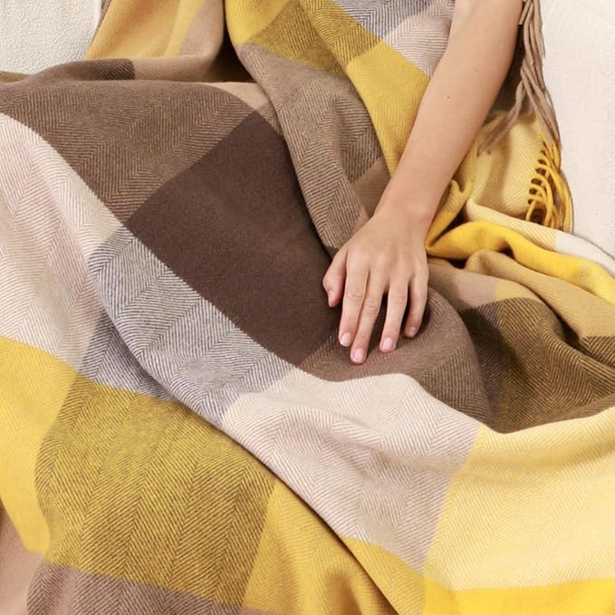 Soft Pure Wool Throw Blanket, Lightweight Warmth, 55"x83", Plaid, Fringe, Compact with Bag, Useful Gift for Women Men, All Season Decorative Cozy Travel Blanket for Couch Bed, Outdoors