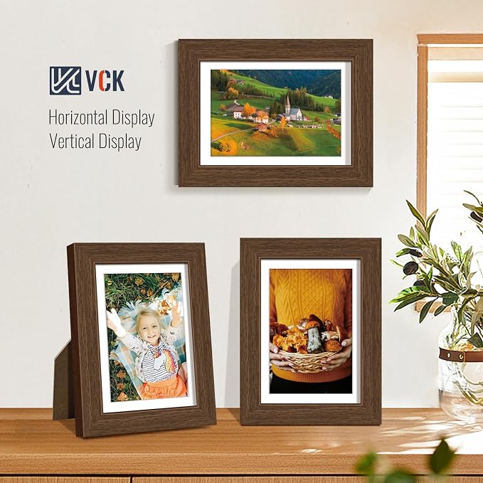 VCK 5x7 Picture Frames Brown 3 Pack, Wide Border Wood, Tempered Glass, Display 4x6 Photo with Mat or 5 x 7 without, for Home, Office, Gallery, Woodgrain Series, Tabletop & Wall Hanging