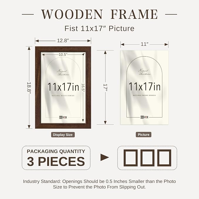 VCK 11x17 Picture Frame 3 Pack - Brown Solid Wood Poster Frames, Textured Exclusive Wood Wall Gallery Frame