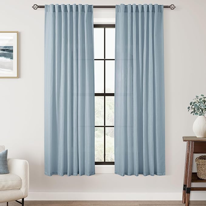 Stone Blue Curtains for Living Room Back Tab Modern Farmhouse Semi Sheer Blue Curtains 63 inches Long 2 Panels Set Muted Neutral Window Curtain for Dining Room Bedroom 52x63