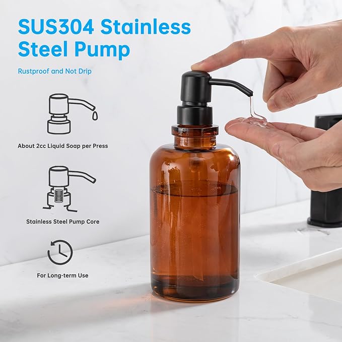 Amber Glass Soap Dispenser, 17oz 500ml Refillable Liquid Hand Soap Dispenser, 304 Stainless Steel Pump Leakproof Lotion Container for Bathroom Kitchen Sink Vanity Countertop