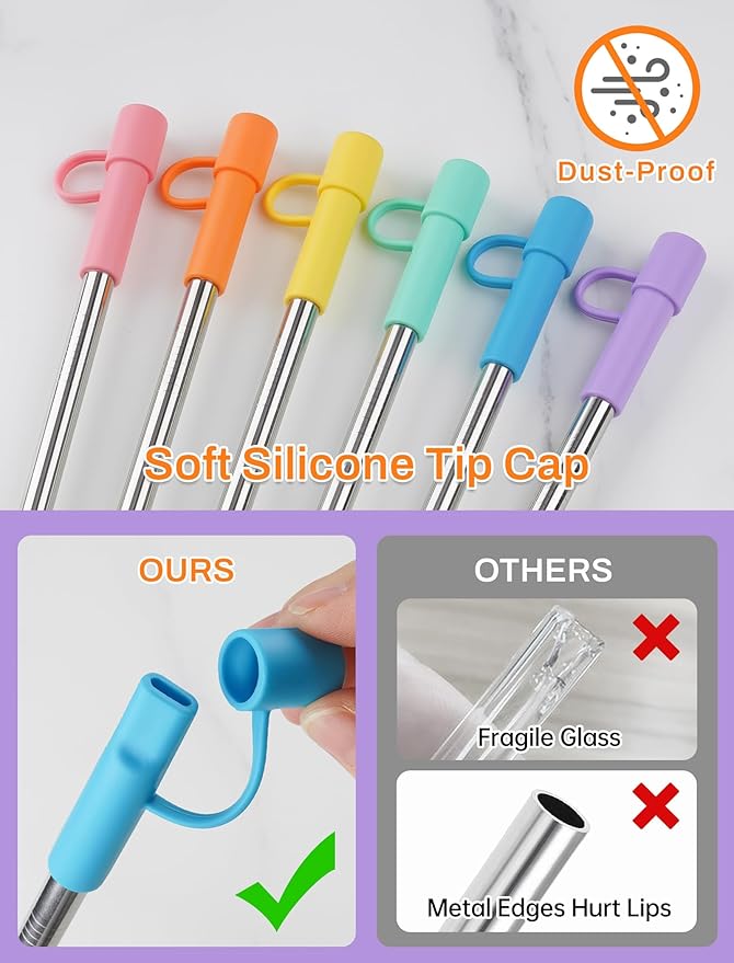 NiHome 6PCS Reusable Anti-Wrinkle Straw Set Fit for Stanley Tumblers, 3 Lengths Stainless Steel Drinking Straws with Silicone Tips Fit for 14oz 20oz 30oz 40oz, Protective Caps & Brushes (6 Colors)
