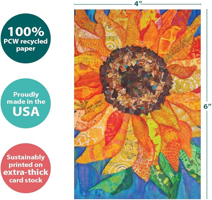 Tree-Free Greetings Vibrant Sunflower All Occasion Cards - 12 Recycled 4x6 Notecards & White Envelopes, Thick Cardstock, Sustainably Made in USA - Colorful Floral Collage