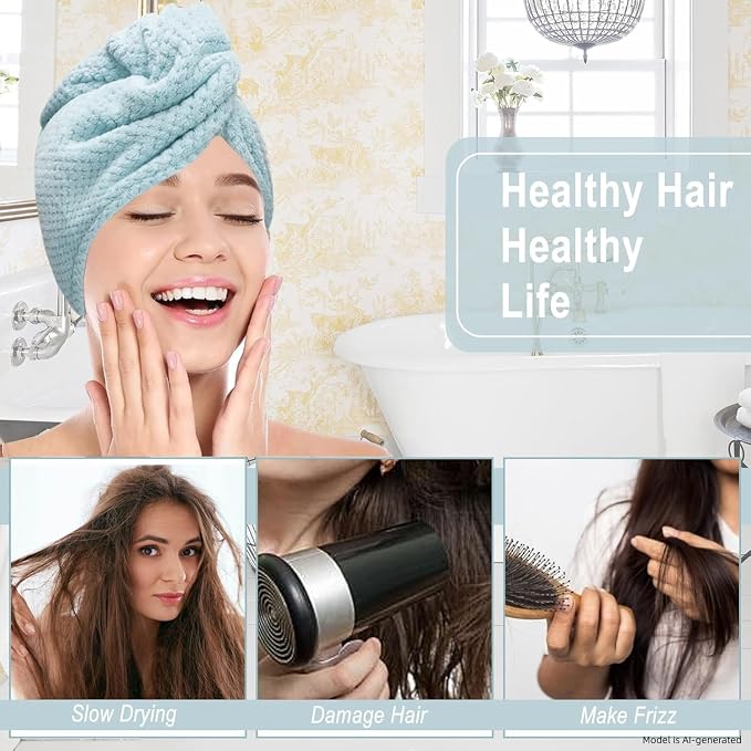 3 Pack Microfiber Hair Towel Wrap for Women, Fast Drying Hair Turban with Button, Anti-Frizz Large Hair Towel for All Hair Styles, Soft & Absorbent Hair Drying Towel