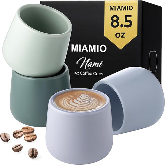 MIAMIO - Ceramic Cup Set of 4 (250 ml) / Ceramic Cups without Handles/Coffee Mugs, Coffee Cups, Cappuccino Cups (Pastel Coast)
