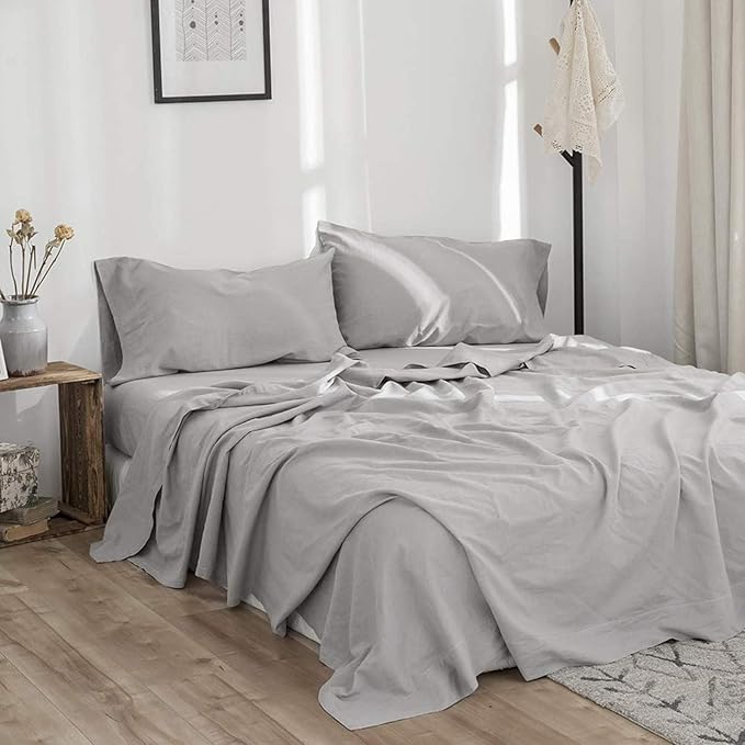 BISELINA Linen Sheet French Flax Flat Sheet Only 55% Euro Linen 45% Cotton Basic Style Solid Color Soft Breathable Farmhouse Top Sheet 1-Piece (Queen, Grey)
