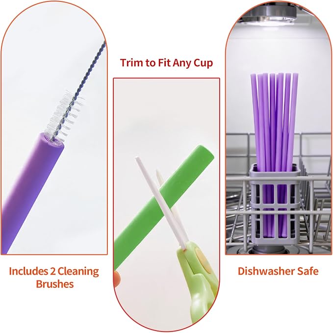 6 Pack Reusable Silicone Straws Compatible with Stanley 40oz 30oz 20oz Tumblers, 12.2" Long x 0.374" Diameter BPA-Free Drinking Straws with 2 Cleaning Brushes, Flexible Cuttable Teeth-Friendly