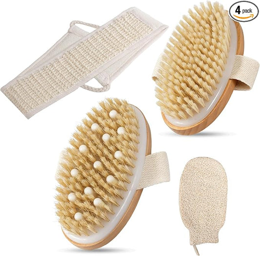 Dry Brushing Body Brush, Natural Boar Bristle, 4 Pack Set | Deep Cleansing | Shower Routine | Home Spa Experience | Self Care Essentials | Smooth Skin | Men & Women | Daily Use
