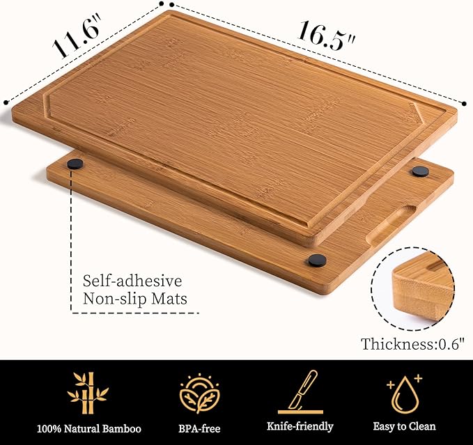 THETCHRY Wood Cutting Board for Kitchen,Non-slip Bamboo Cutting Board with Juice Groove & Handle,Charcuterie Chopping Board for Meat, Perfect Size for Prep & Serving,16.5''Lx11.6''Wx0.6''TH