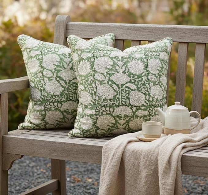 ATOSII Block Print Throw Pillow Covers, 18" X 18"- Set of 2, Decorative Couch Pillows for Living Room Bed Sofa, 100% Cotton Canvas Pillow Case for Home Decor & Outdoors, Preppy Throws - Jade