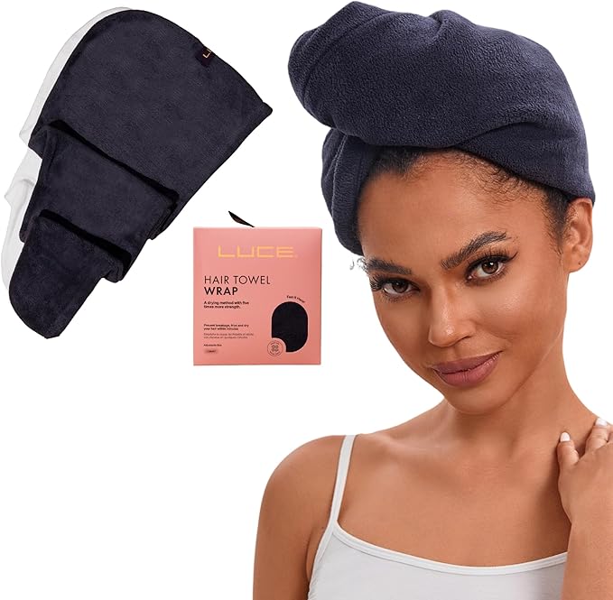 LUCE Hair Towel wrap for Women – Premium 400 GSM Microfiber Hair Towel Anti frizz, Highly Absorbent, Adjustable Thick Elastic Fit for Kids & Adults, Perfect for Curly, Wavy & Long Hair Care, Black