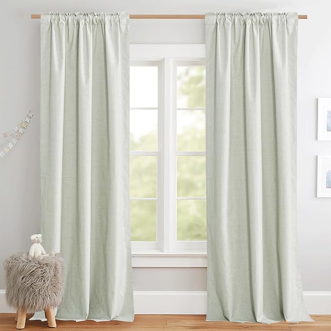 NICETOWN 100% Blackout Light Green Linen Curtains 90" Length with Thermal Insulated Liners, Farmhouse Style Room Cooling Window Draperies for Dining Room, Living Room (2 Panels, 52" W)