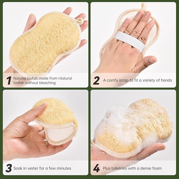 3 Pack Natural Loofah Exfoliating Body Scrubber, Biodegradable Bath Luffa Sponge, Loofas Body Scrub, Organic Loofah with Handle, Shower Loofah for Women