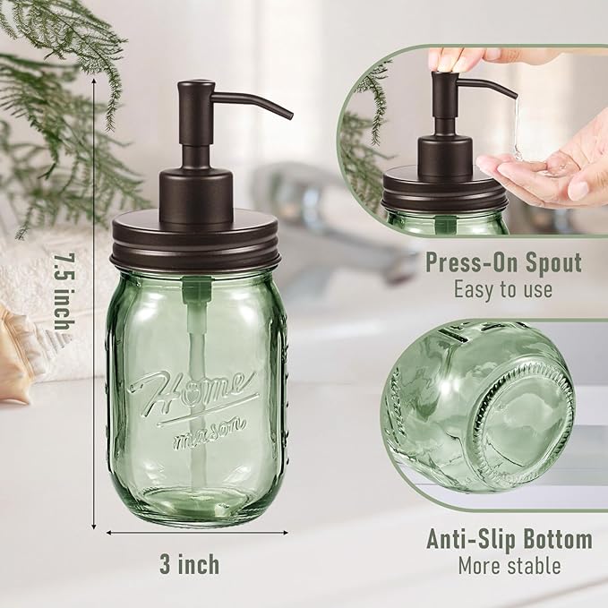 SheeChung Mason Jar Green Glass Soap Dispenser, Stainless Steel Pump, Refillable Dish soap Dispenser for Kitchen, 16Oz Bathroom Hand Soap Dispenser for Lotion, Liquid, Farmhouse Decor-Bronze, 2 Pack