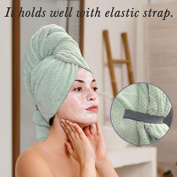 Simnice 2 Pack Extra Microfiber Hair Towel Wrap for Women,Super Soft Anti Frizz Hair Wrap Towels with Elastic Band for All Hairstyles Grey & Green
