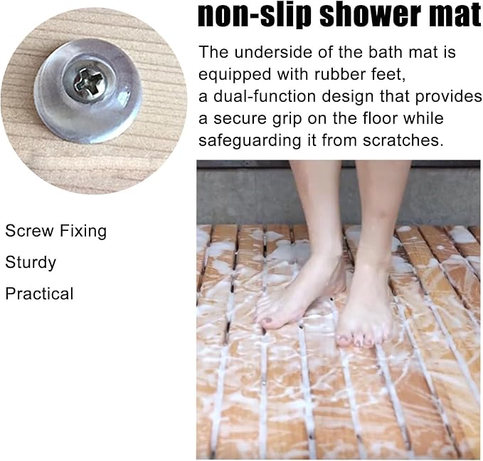 Non Slip Wood Bathroom Mat, Sturdy Teak Shower Mat, Natural Bamboo Floor Mat for Spa Home Outdoor, Waterproof Durable