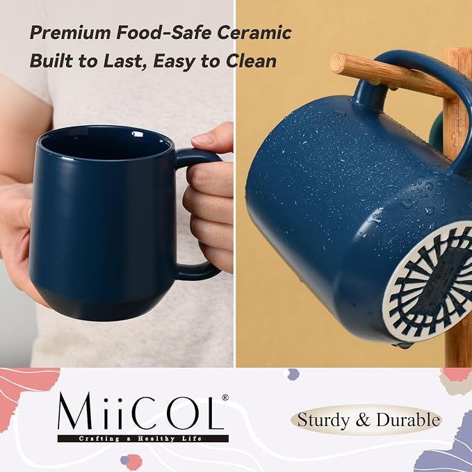 Miicol Ceramic Coffee Mug, 16 oz Large Coffee Cup, Tea Mug with Handle, Flat Bottom Mug for Men, Women, Office, Microwave and Dishwasher Safe, Multi-Color, Navy