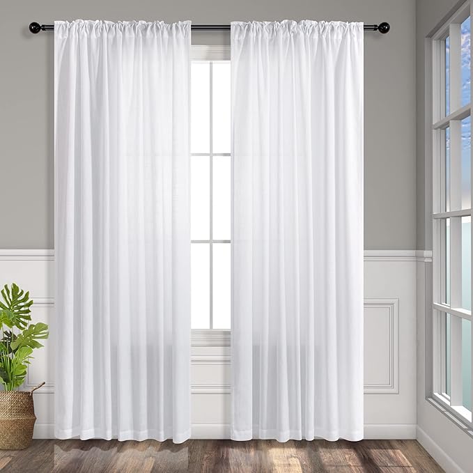 White Textured Curtains 72 Inch Length for Living Room 2 Panels Back Tab Pocket Energy Efficient Light Filtering Canvas Cotton Look Sheer Drapes for Bedroom Patio Door Farmhouse Boho Decor 52x72 Long