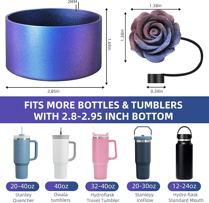 Gradient Silicone Boot and 2 PCS 10MM Glitter Straw Cover, Anti-Slip Sleeves Bottom Protector Compatible with Stanley Cup 20 30 40 Oz Water Bottle 2.8-3IN Base Tumbler Accessories Women Gifts