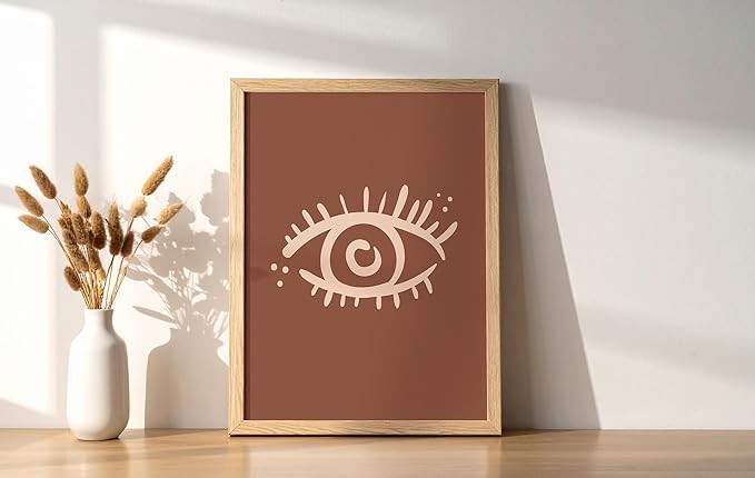 Mystical Evil Eye Wall Art Nazar Protection Symbol Earth Tones Terracotta Mid Century Modern 8x10 Inch Oak Wood Beige Framed Boho Spiritual Decor Print for Home