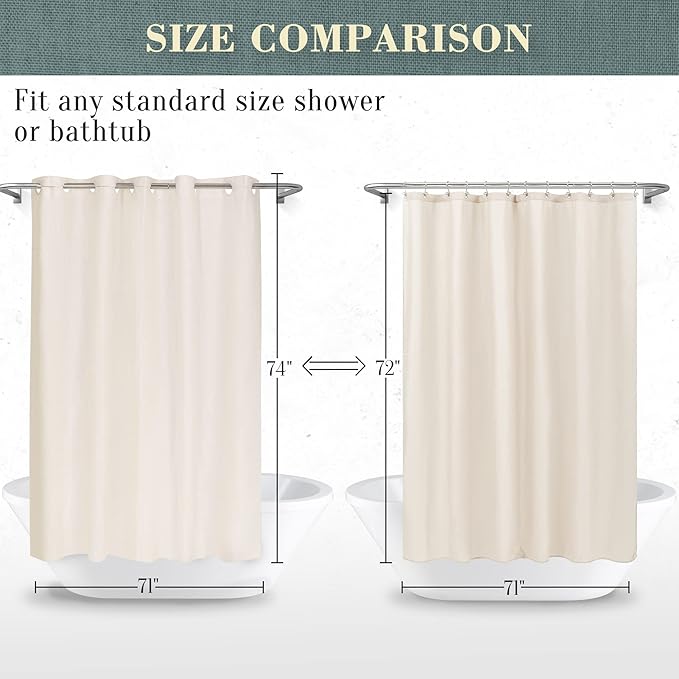 No Hook PEVA Shower Curtain or Liner - 8G Heavy Duty Beige Bathroom Shower Curtain No Hooks Required, Waterproof Plastic & PVC Free, Standard Size 71 x 74, Beige