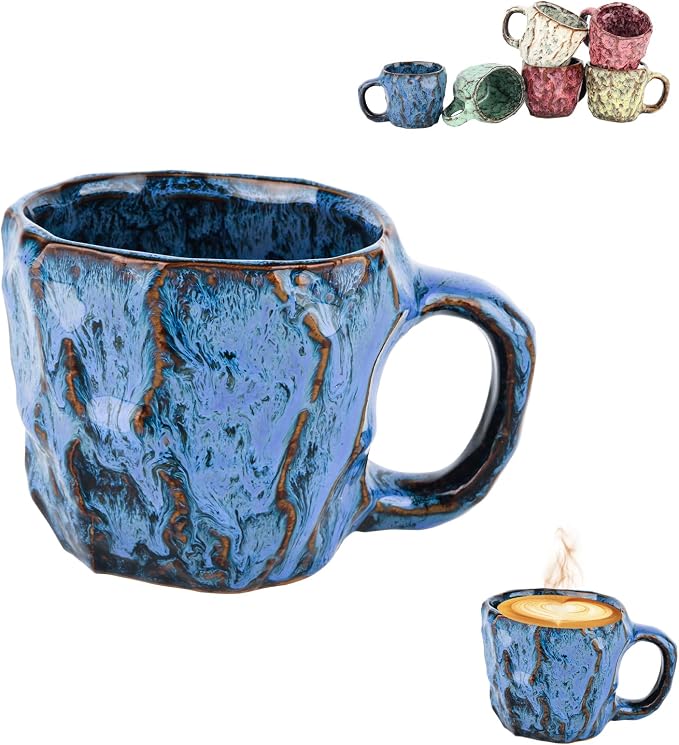 DorkTees 9oz Handmade Reactive Glaze Stoneware Coffee Mug, Luxury Rustic Textured Cup with Handle, High-Fired Ceramic Mug, Microwave & Dishwasher Safe, Gift for Coffee Lovers. (Blue)