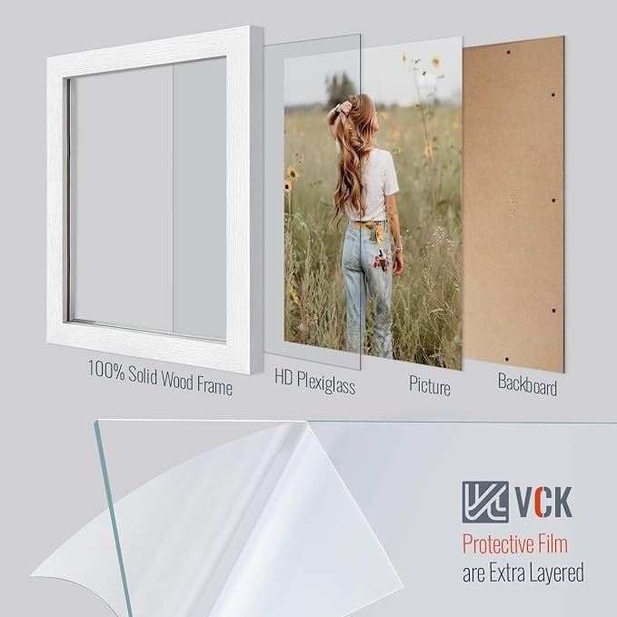 VCK 11x14 Picture Frame White - 2 Pack, Gallery-Quality Wood Poster Frames, 1.1-Inch Wide Border, Polished Plexiglass, Vertical or Horizontal Wall Display for Photo/Certificates/Prints, White