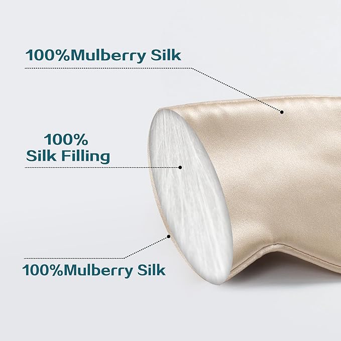 100% 22 Momme 6A Grade Double-Sided Pure Mulberry Silk Eye Mask Soft Breathable Sleep Blindfold with Elastic Headband for Men and Women Pack of 1 (Champagne)