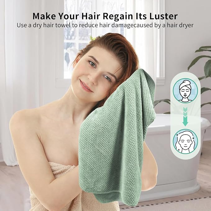 my novel things 2 Pack Extra Large Microfiber Hair Towel Wrap, 37.4" x 26.4" for Women, Super Absorbent & Quick Dry Hair Towel with Elastic Strap for Curly Hair Green Gift for Women Men Girls Friends