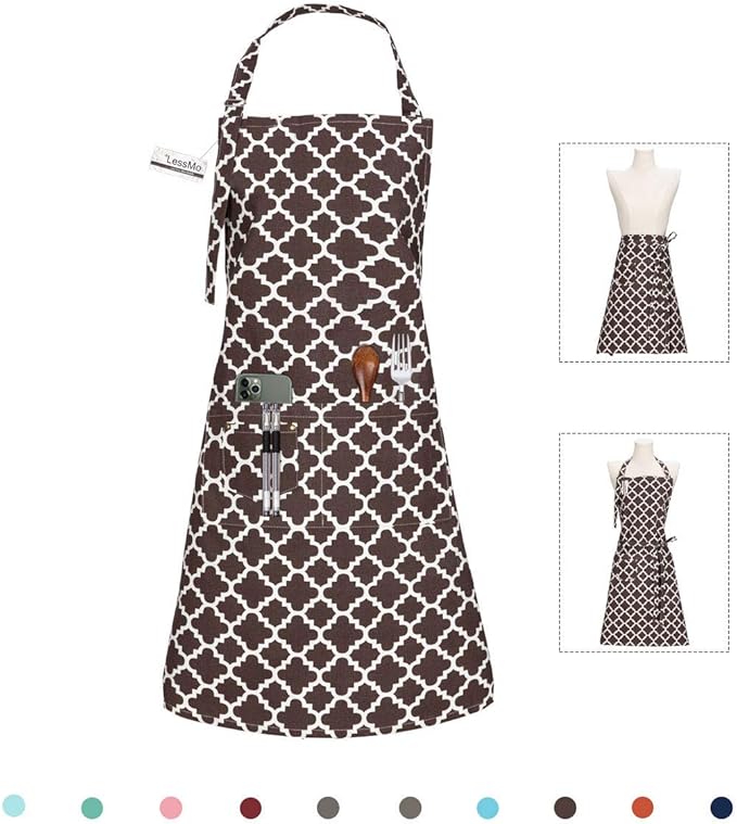 LessMo Kitchen Cooking Aprons with 3 Pockets for Men Women - Cotton Adjustable Professional Grade Chef Apron for Kitchen, BBQ & Grill (Coffee)