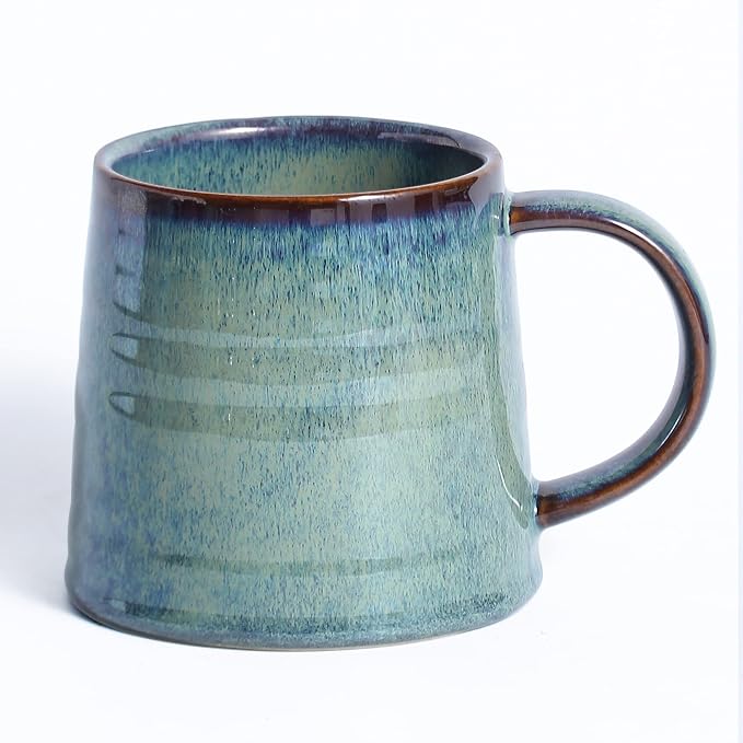 Large Ceramic Coffee Mug, Handmade Pottery Mugs, Tea Cups with Big Handle for Office and Home, 15.5 oz, Dishwasher and Microwave Safe (Blue Green)