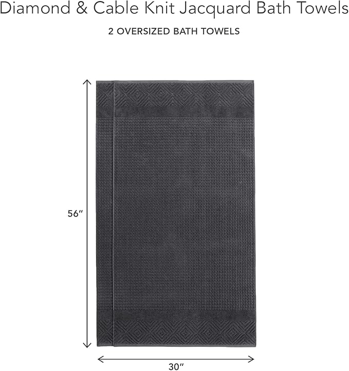 Texere 100% Organic Cotton Diamond Jacquard 700 GSM Luxury Bath Towel Sets - Ultra Soft and Absorbent Hotel and Spa Quality (Diamond, Charcoal, 2 Bath Towels)