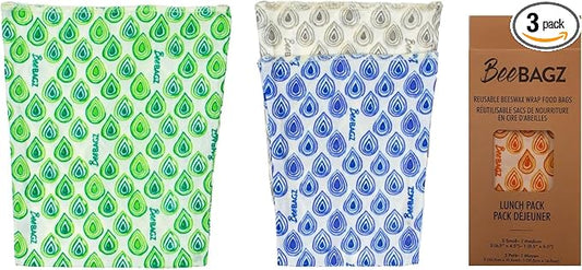 BeeBAGZ - Assorted 3 Pack - Beeswax Wrap Storage Bag - Plastic and Silicone Free - Reusable Beeswax Food Wrap Bags- 2 Sizes (Lunch Pack, 2 Small + 1 Medium, (Multicolor)