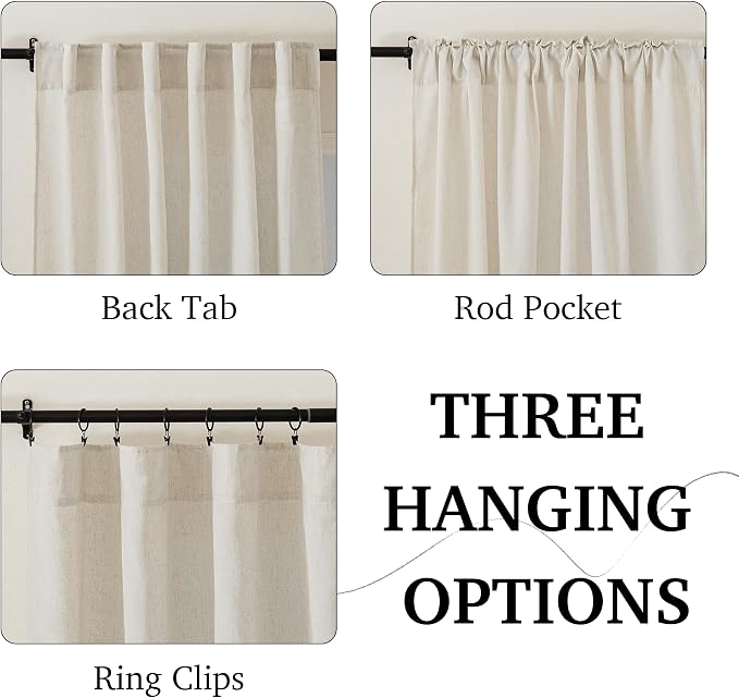 RYB HOME Linen Curtains 90 inches Long for Living Room, Back Tab Light Filtering Farmhouse Boho Window Drapes & Curtains for Dining Room Office, Natural Beige, W 52 x L90 inches, 2 Panels