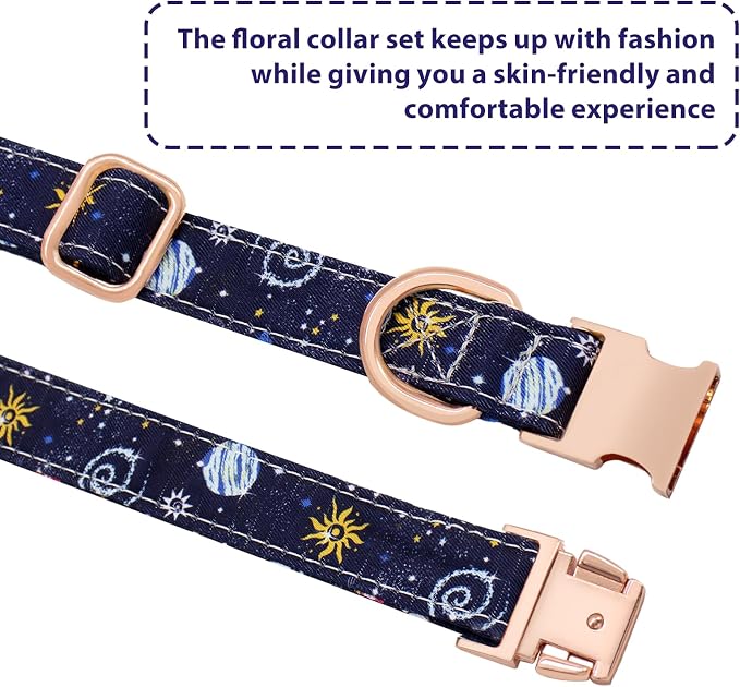Dog Collar and Leash Set Adjustable Girls Puppy Floral Collars with Bow Tie for Small Medium Large Dogs(S, Blue Planet)