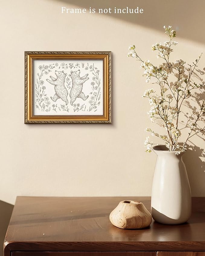 Vodefoad Bear Sketch Vintage Wall Art Retro Nursery Cheerful Bear Art Print Neutral Cottagecore Nursery Decor Farmhouse Rustic Bears Wall Decor for Gallery Nursery Bedroom Bathroom Office - 8x10Inch Unframe