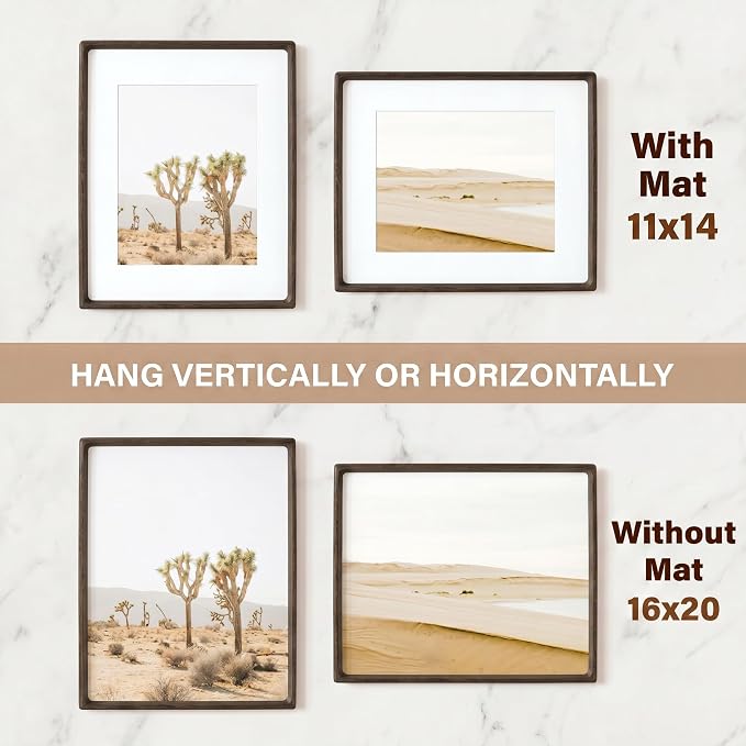 Fun Memories 16 x 20 Picture Frame, Natural Wenge Wood Photo Frames with HD Tempered Glass, Handcrafted Rounded Corner 16x20 Wooden Frames Matted to 11x14 Photos, Horizontal or Vertical Wall Display
