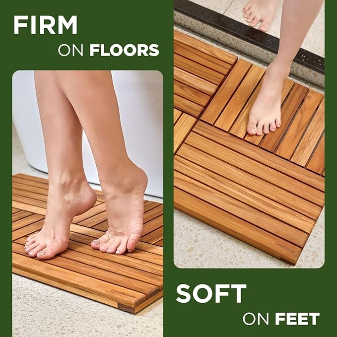 Premium 39"x21" Solid Teak Shower Mat, Extra Large Foldable Teak Bath Mat, Fast-Drain Slatted Design, Non-Slip Feet, Quick Dry for Bathroom, Door, Sauna, Indoor & Outdoor, 385 Lbs Capacity