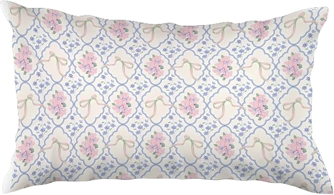 Grandmillennial Pink and Blue Floral 12x20 Pillow Cover,Coquette Bow Grandmillennial Flower Room Decor,Chinoiserie Floral Decorative Lumbar Pillow Covers for Girls Dorm Bedroom Living Room Home