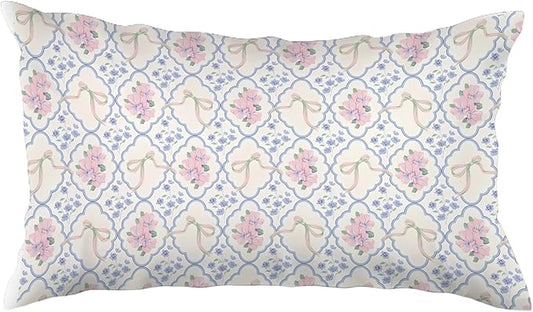Grandmillennial Pink and Blue Floral 12x20 Pillow Cover,Coquette Bow Grandmillennial Flower Room Decor,Chinoiserie Floral Decorative Lumbar Pillow Covers for Girls Dorm Bedroom Living Room Home