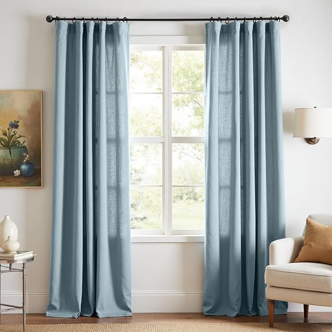 jinchan Blue Linen Blend Curtains 84 inch Length 2 Panels for Bedroom Living Room, Light Filtering 50 inch Wide Farmhouse Drapes with Rod Pocket Back Tab(50W x 84L, Blue)
