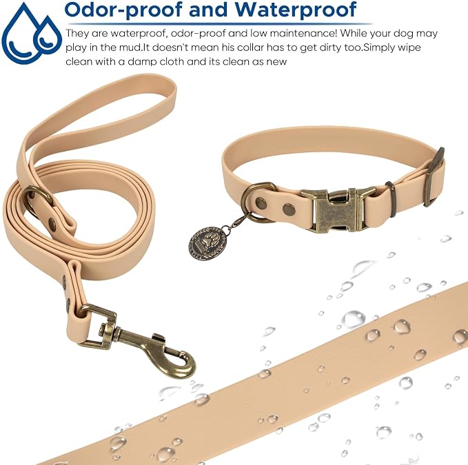 Wisedog Waterproof Dog Collar and Leash Set, M, Sand Color | Adjustable Puppy Collar, Cute Tag, 5FT Leash, Includes Poop Bag, For Small Medium Large Dogs