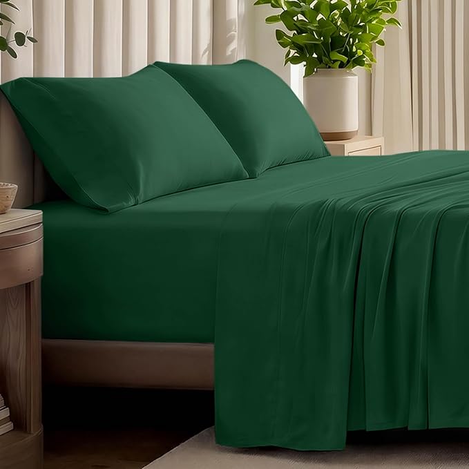 Bare Home 100% Organic Cotton Jersey Sheet Set, Ultra Soft, 100% Cotton - Sheet Set & Pillowcases - Deep Pocket Bed Sheets (Split King, Forest Green)