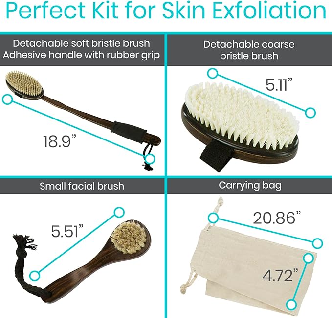 Vive Dry Brush Set for Lymphatic Drainage (3 Pack) - Brushing Scrubber for Exfoliating, Body Cellulite and Skin Massage - 100% Natural Boar Hair Bristles, 19” Long Dark Wooden Handle w/Storage Bag